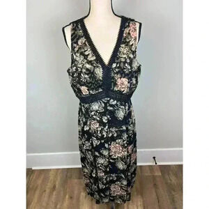 Antonio Melani Chiffon Black Sleeveless V-Neck Lined Maxi Dress Floral Size 12